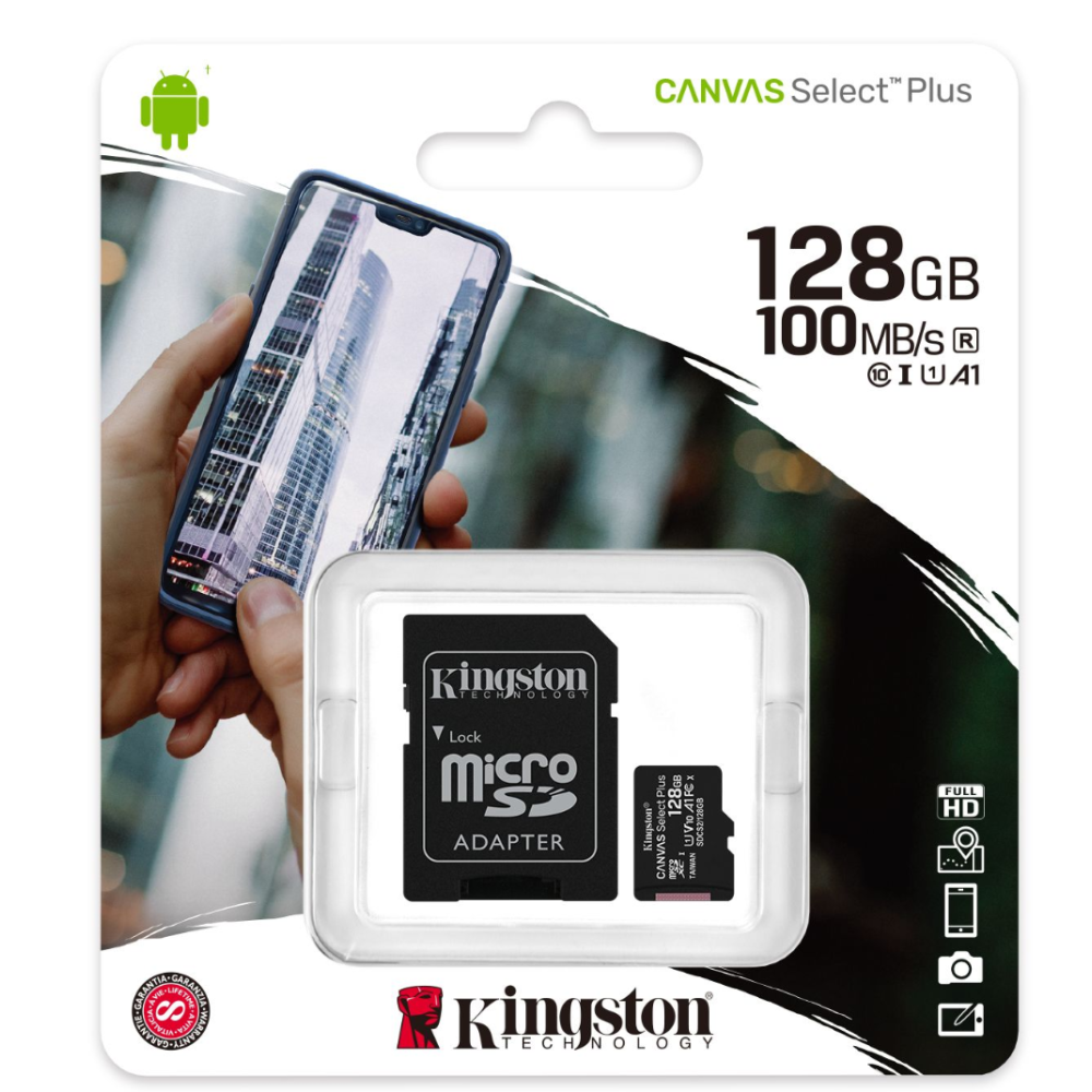 Kingston 128GB Canvas Select Plus MicroSD Memory Card 100R A1 C10 Card With Adapter