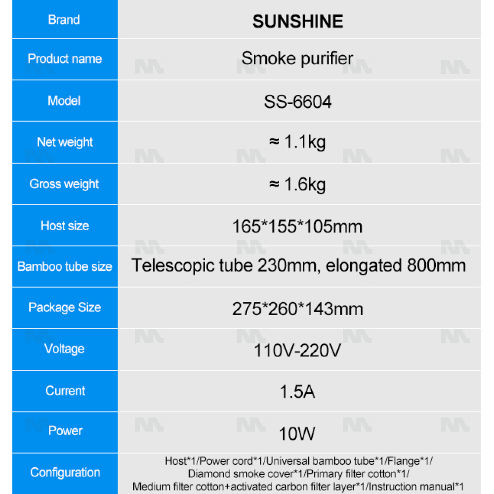 Sunshine SS-6604 Mini High Efficiency Smoke Purifier 110V-220V